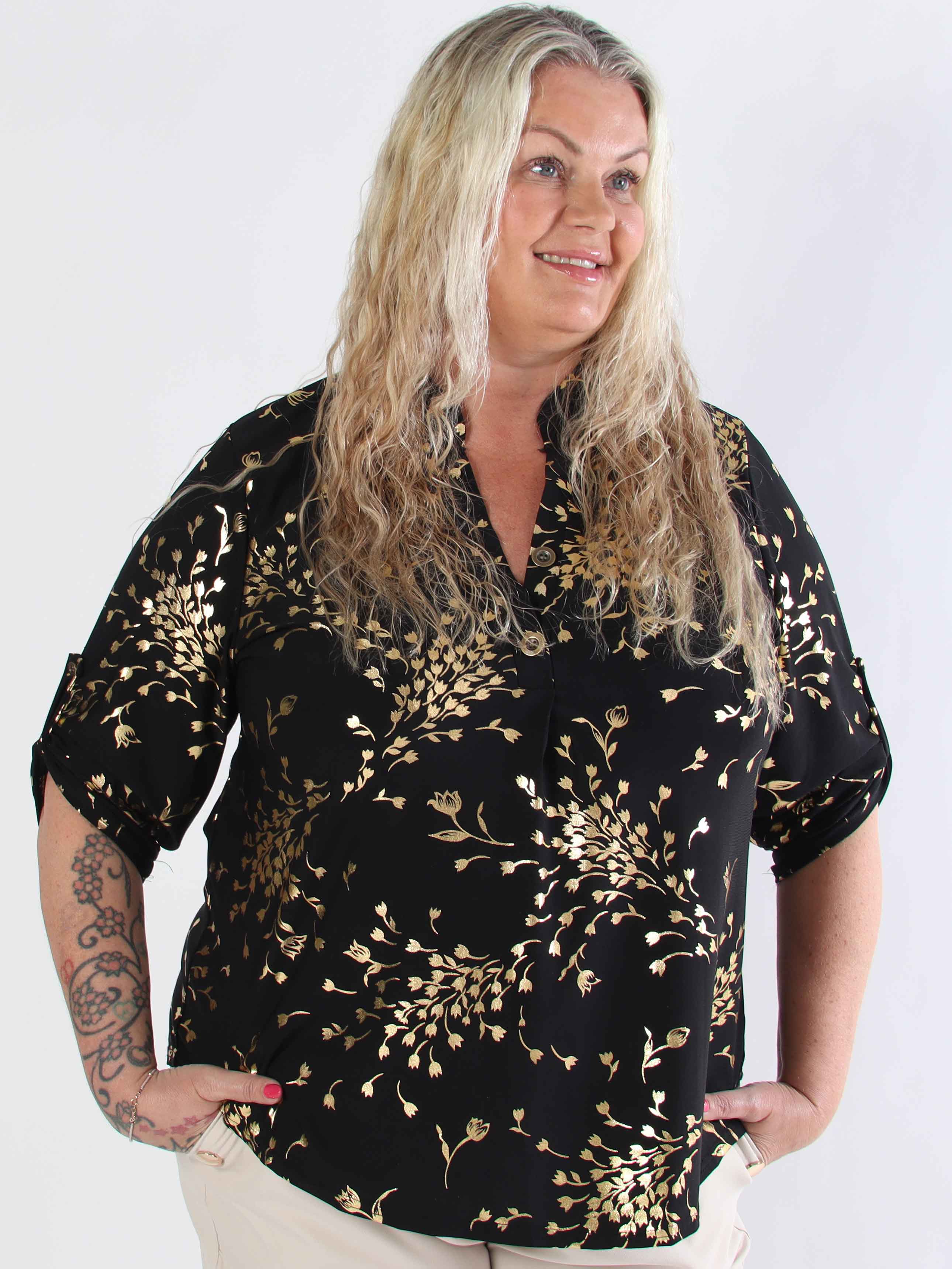 Ebba Gold Leaf Shirt - Elastisk plus size bluse mønstret med guld blade
